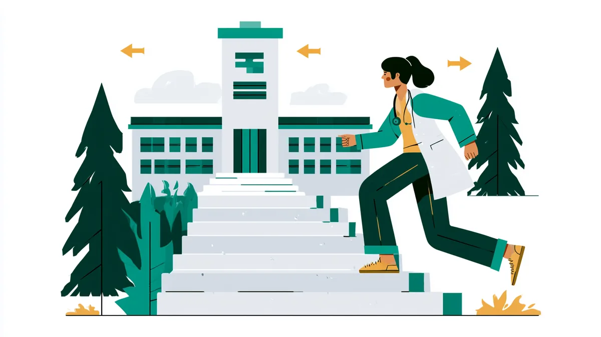 Ein Medizinstudent steigt Stufen zu einem Universitätsgebäude hinauf, mit Richtungspfeilen.