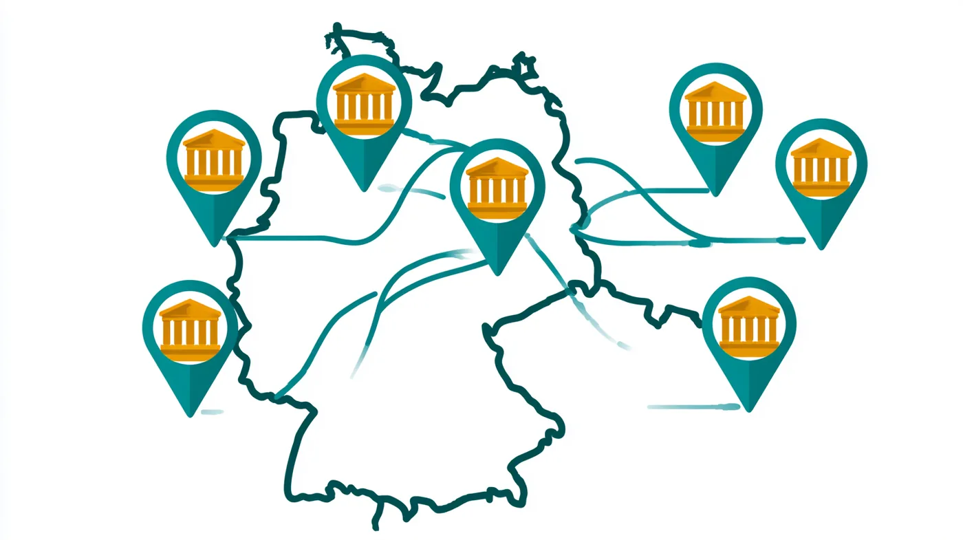Umrisskarte Deutschlands mit Universitäts-Standorten, die durch Tauschrouten verbunden sind.