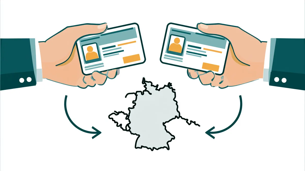Zwei Hände tauschen Studierendenausweise über einer Umrisskarte Deutschlands.