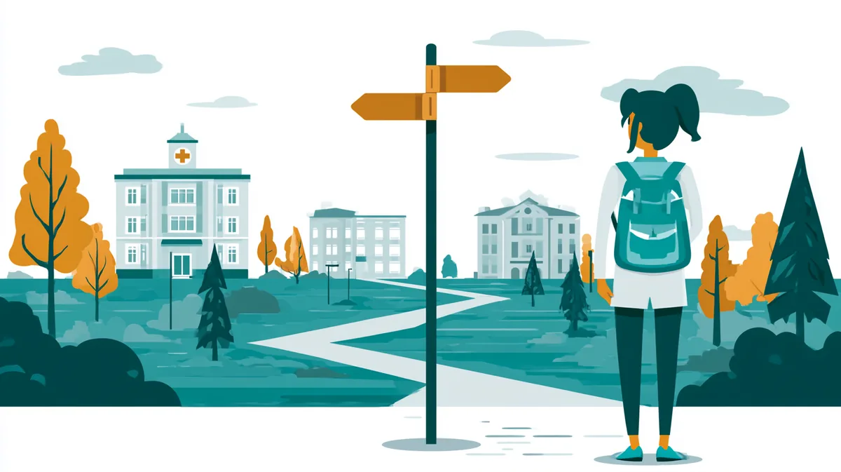 Medizinstudentin mit Rucksack steht vor einem Wegweiser zwischen zwei Universitätsgebäuden.